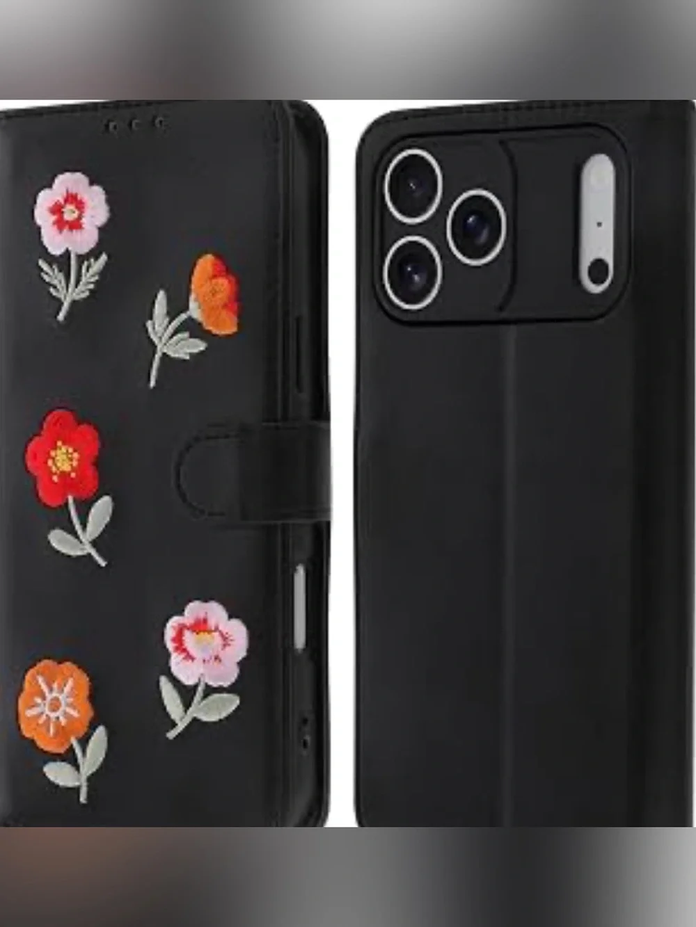 Floral Embroidered Black Wallet iPhone 18 pro max case